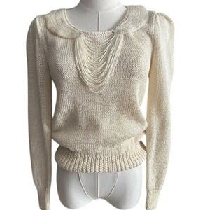 VTG Nannell Hand Knit Beaded Pearl Ivory Sweater Puff Sleeve 80s S
